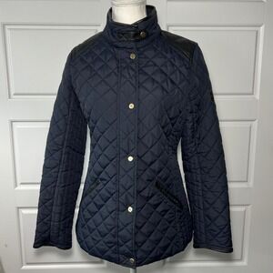 Ralph Lauren Quilted Jacket Black Faux Leather Trim Navy Blue Snap Button XS